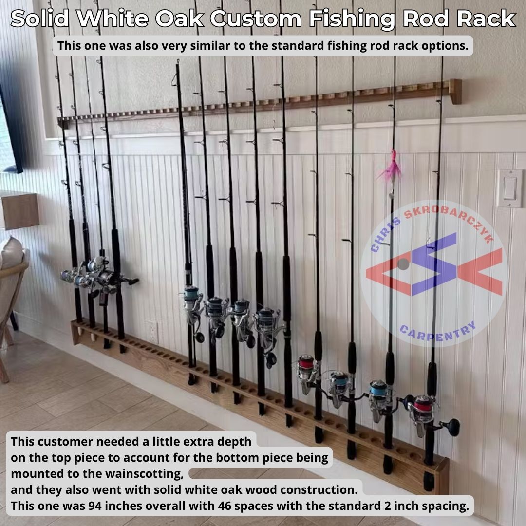 This one was also very similar to the standard fishing rod rack options. This customer needed a little extra depth  on the top piece to account for the bottom piece being  mounted to the wainscotting, and also went with solid white oak wood construction. This one was 94 inches overall with 46 spaces with the standard 2 inch spacing.